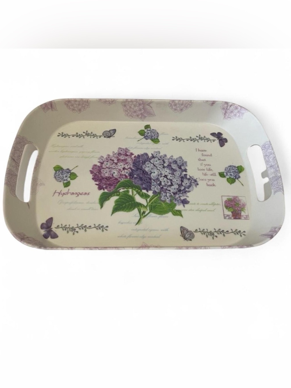 Vintage 90s Melamine Shall Ware Floral Serving Tray Spring Purple Hydrangeas